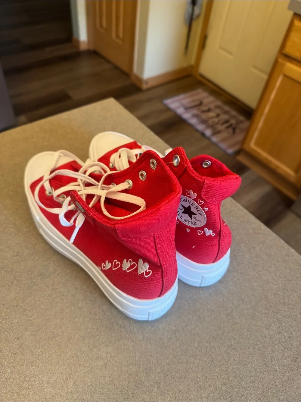 Converse Kids Red High-Top Canvas Sneakers with White Hearts